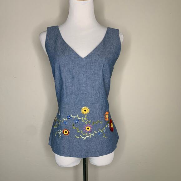 Chambray Embroidered Floral Shell Tank Fitted Sz 8 - Picture 1 of 9